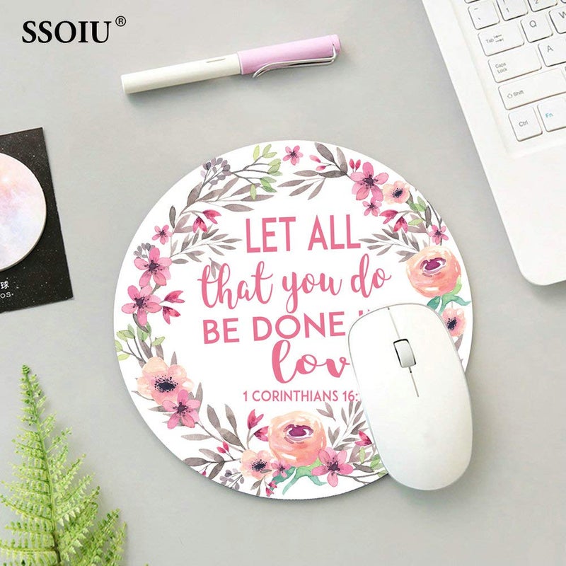 SSOIU Round Gaming Mouse Pad Custom, Vintage Watercolor Floral Wreath Christian Bible Verses Scripture Corinthians - Let All That You do be Done in Love - Image 4